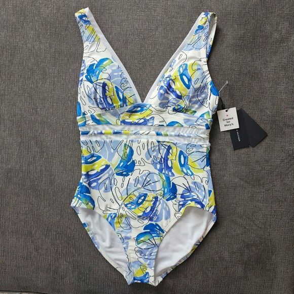 Tommy Hilfiger Sky Captain Multi Printed Monstera Leaf One-Piece Swimsuits sz 10 - Picture 1 of 15